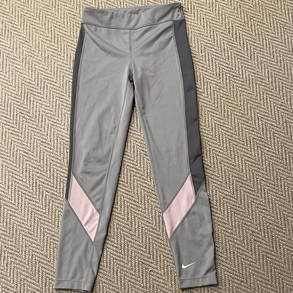 NIKE Girls Dry-fit Leggings. Grey W/Pink stripe. Sz. L.